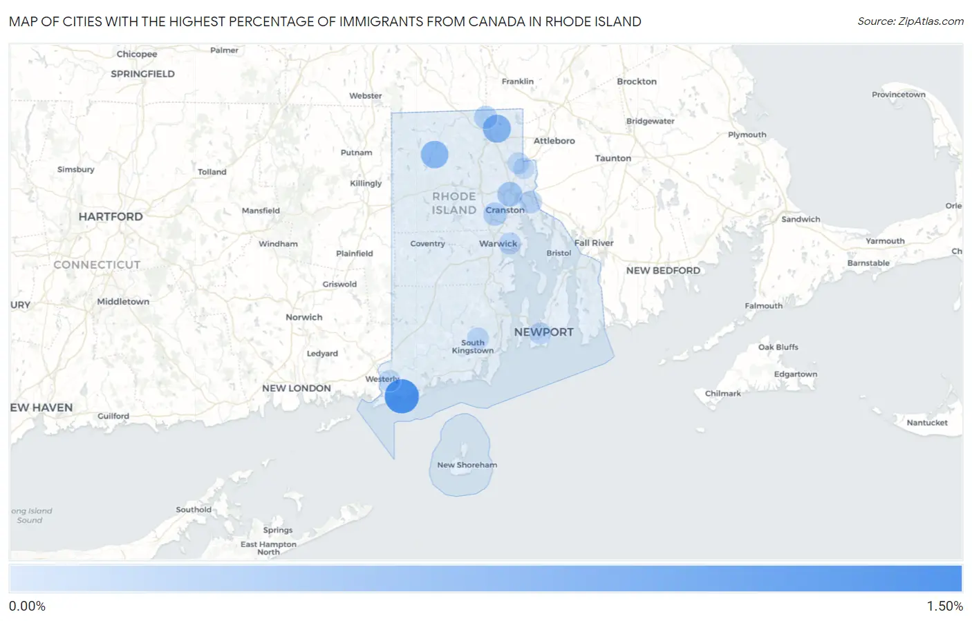 Cities with the Highest Percentage of Immigrants from Canada in Rhode Island Map