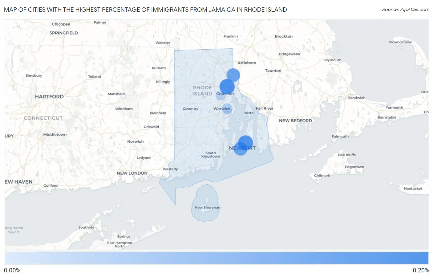 Cities with the Highest Percentage of Immigrants from Jamaica in Rhode Island Map
