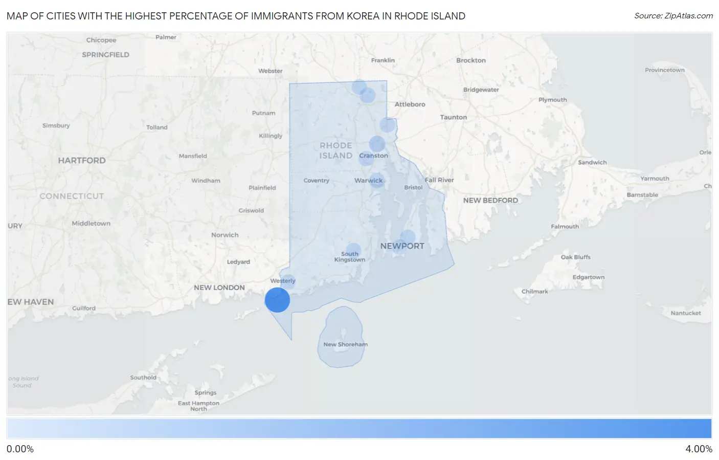 Cities with the Highest Percentage of Immigrants from Korea in Rhode Island Map