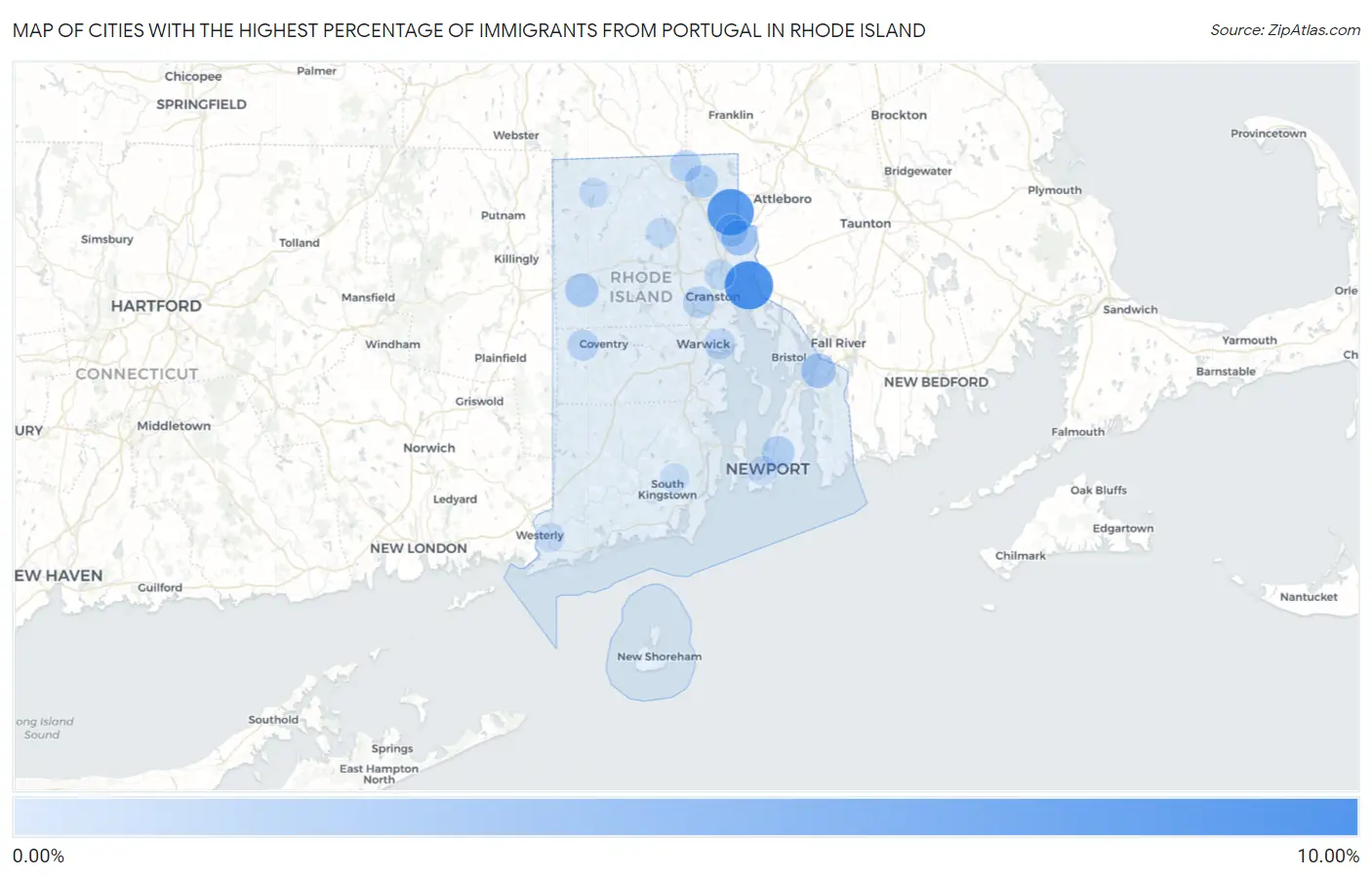 Cities with the Highest Percentage of Immigrants from Portugal in Rhode Island Map
