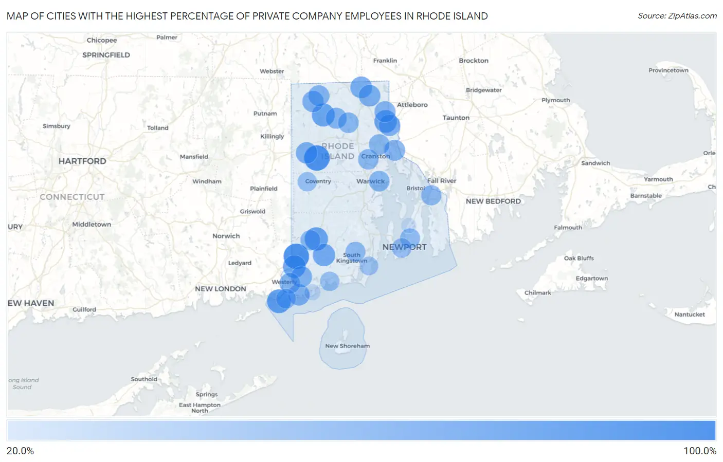 Cities with the Highest Percentage of Private Company Employees in Rhode Island Map
