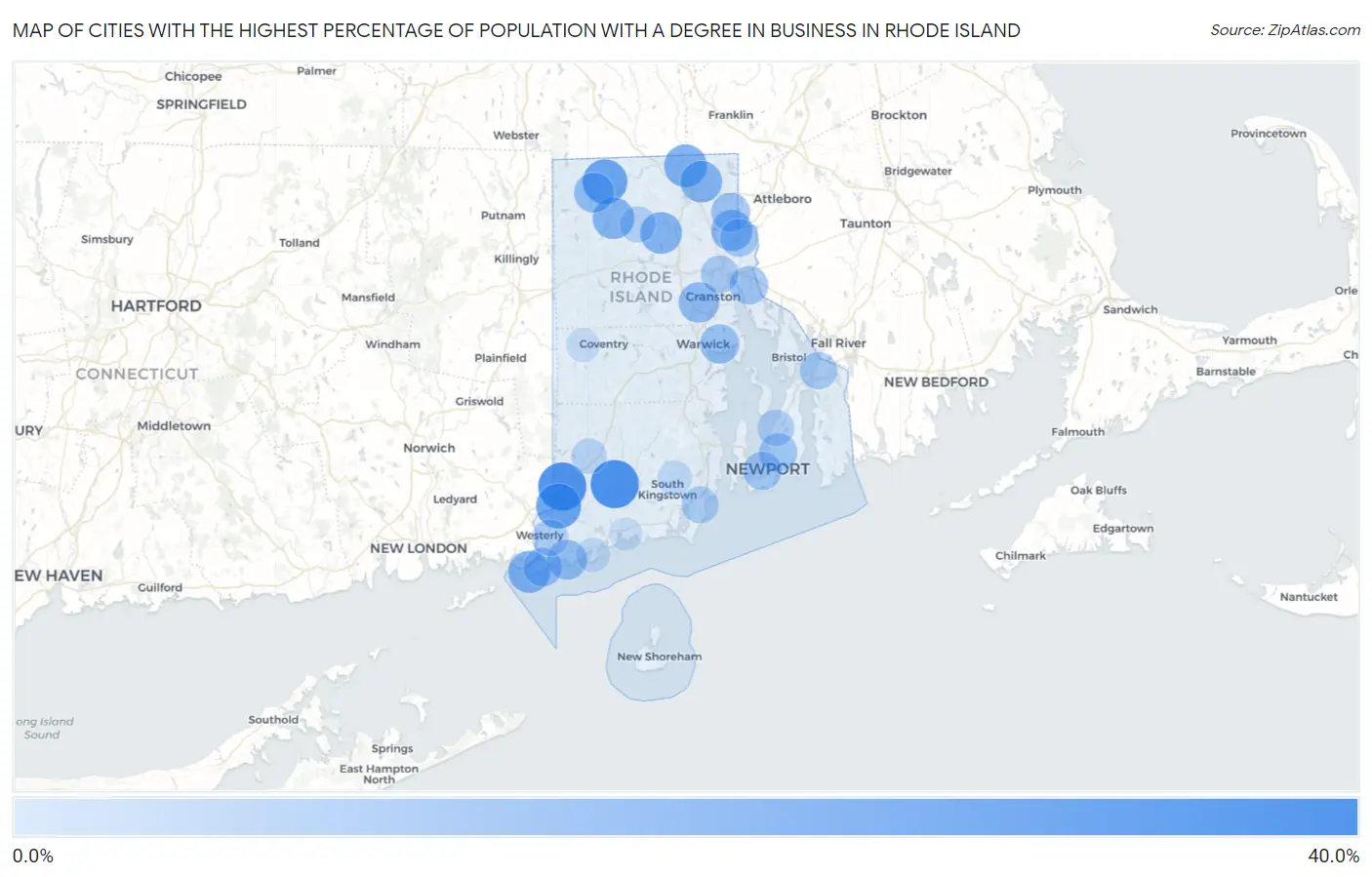 Cities with the Highest Percentage of Population with a Degree in Business in Rhode Island Map