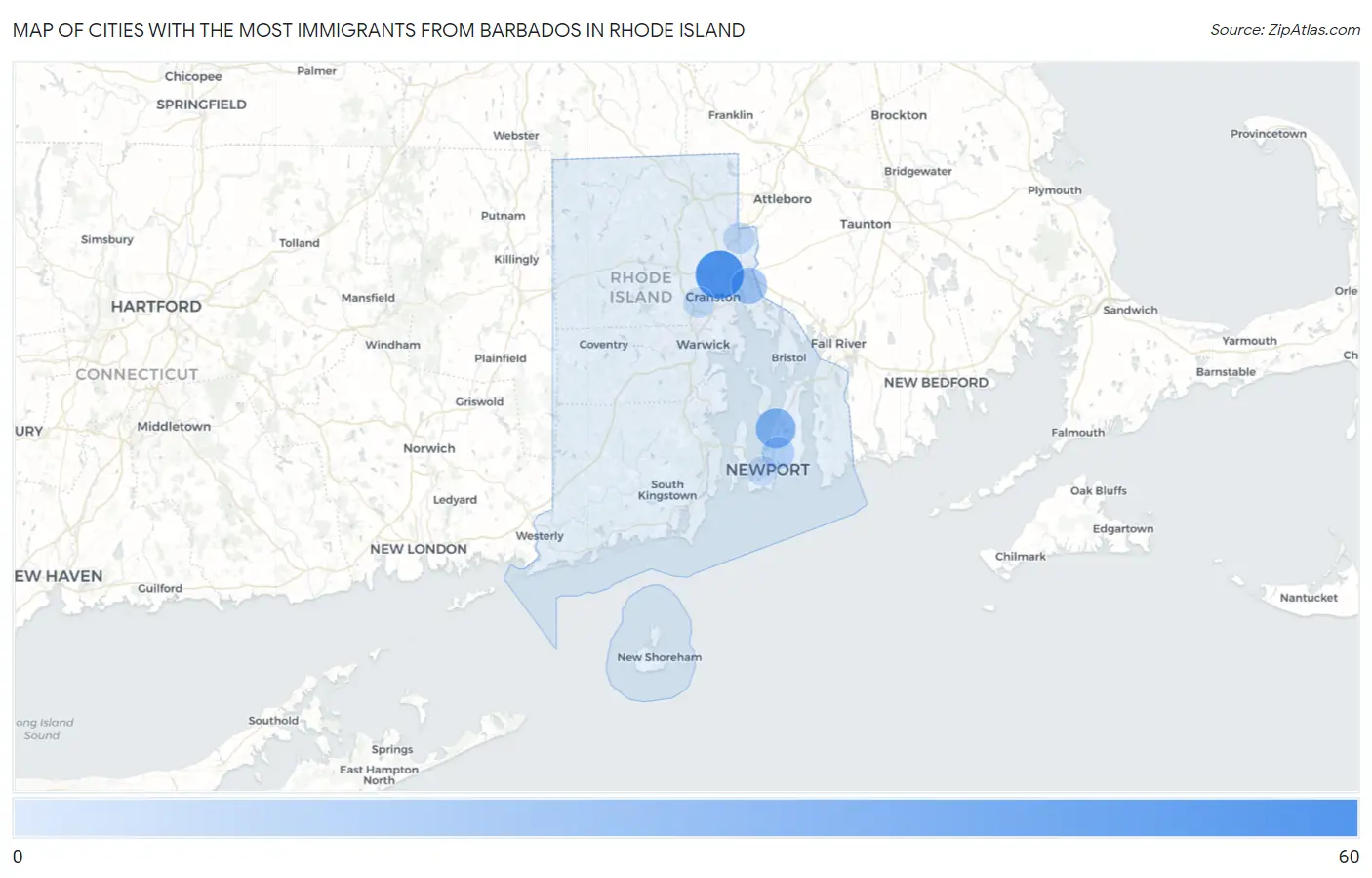 Cities with the Most Immigrants from Barbados in Rhode Island Map