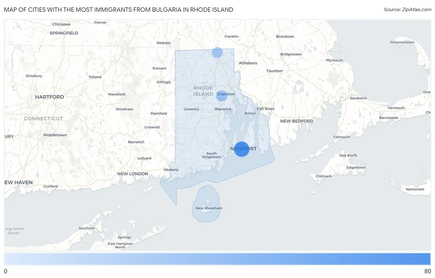 Cities with the Most Immigrants from Bulgaria in Rhode Island Map