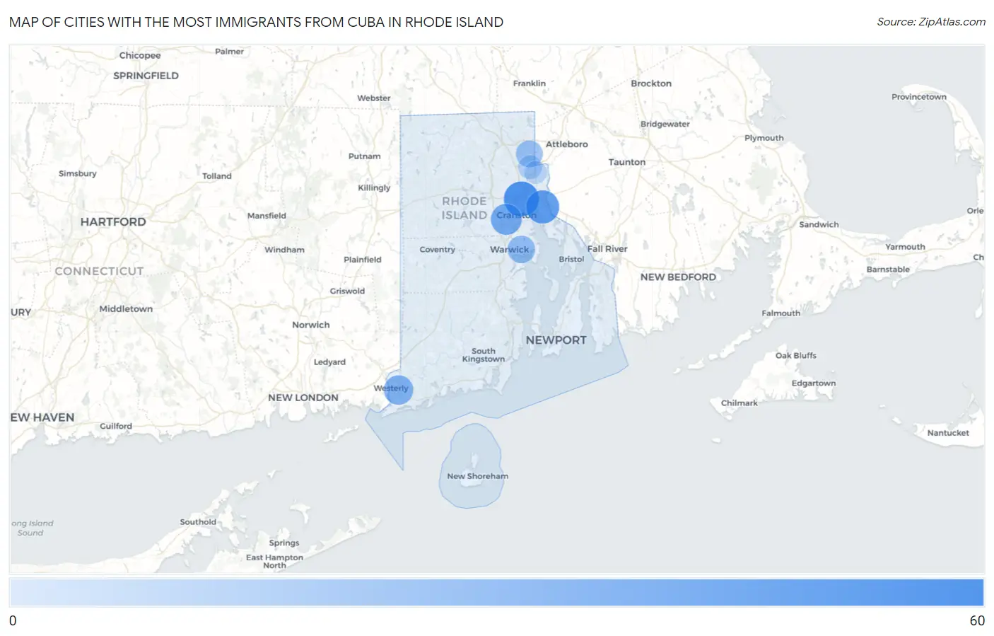 Cities with the Most Immigrants from Cuba in Rhode Island Map