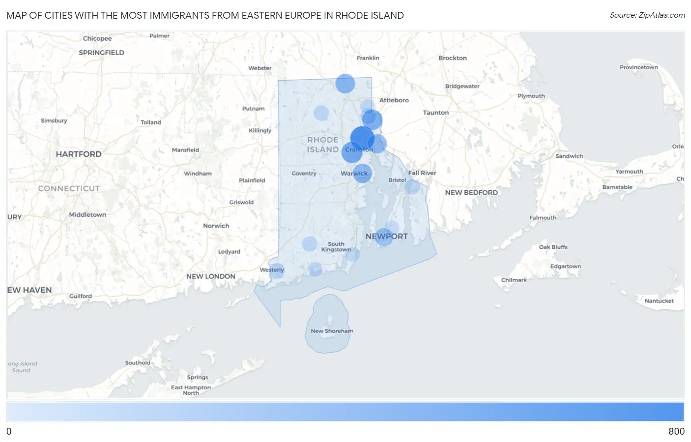Cities with the Most Immigrants from Eastern Europe in Rhode Island Map