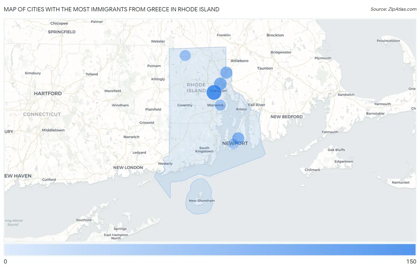 Cities with the Most Immigrants from Greece in Rhode Island Map