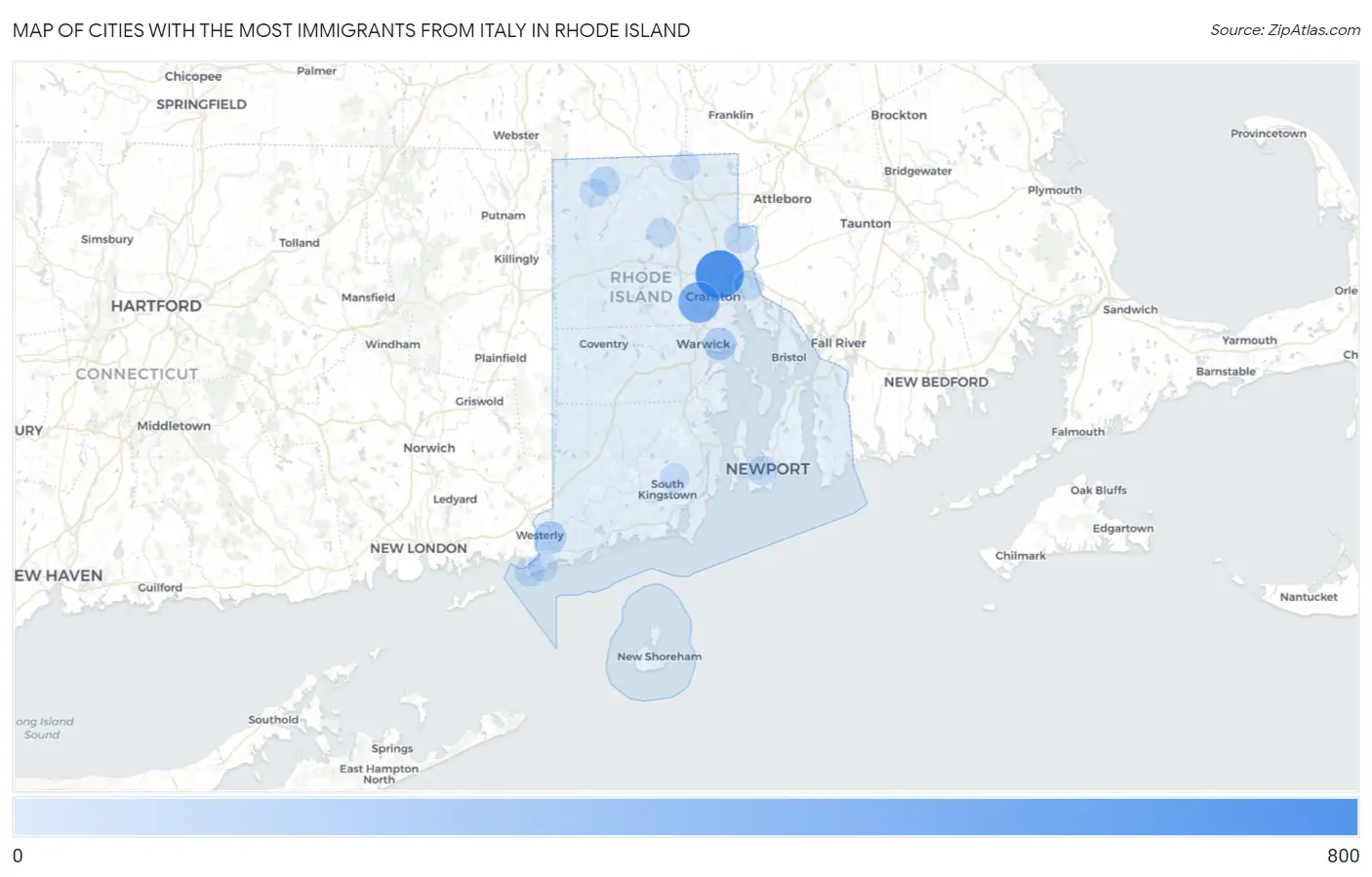 Cities with the Most Immigrants from Italy in Rhode Island Map