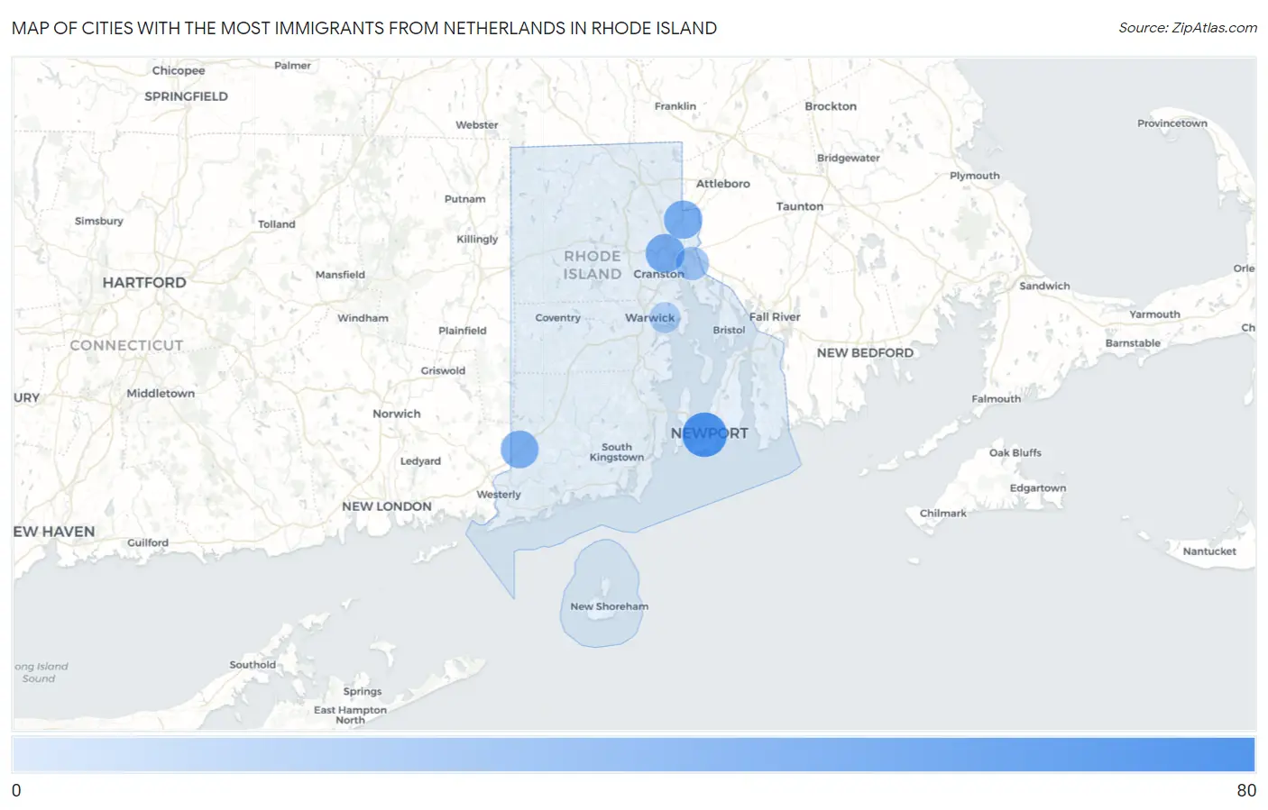 Cities with the Most Immigrants from Netherlands in Rhode Island Map