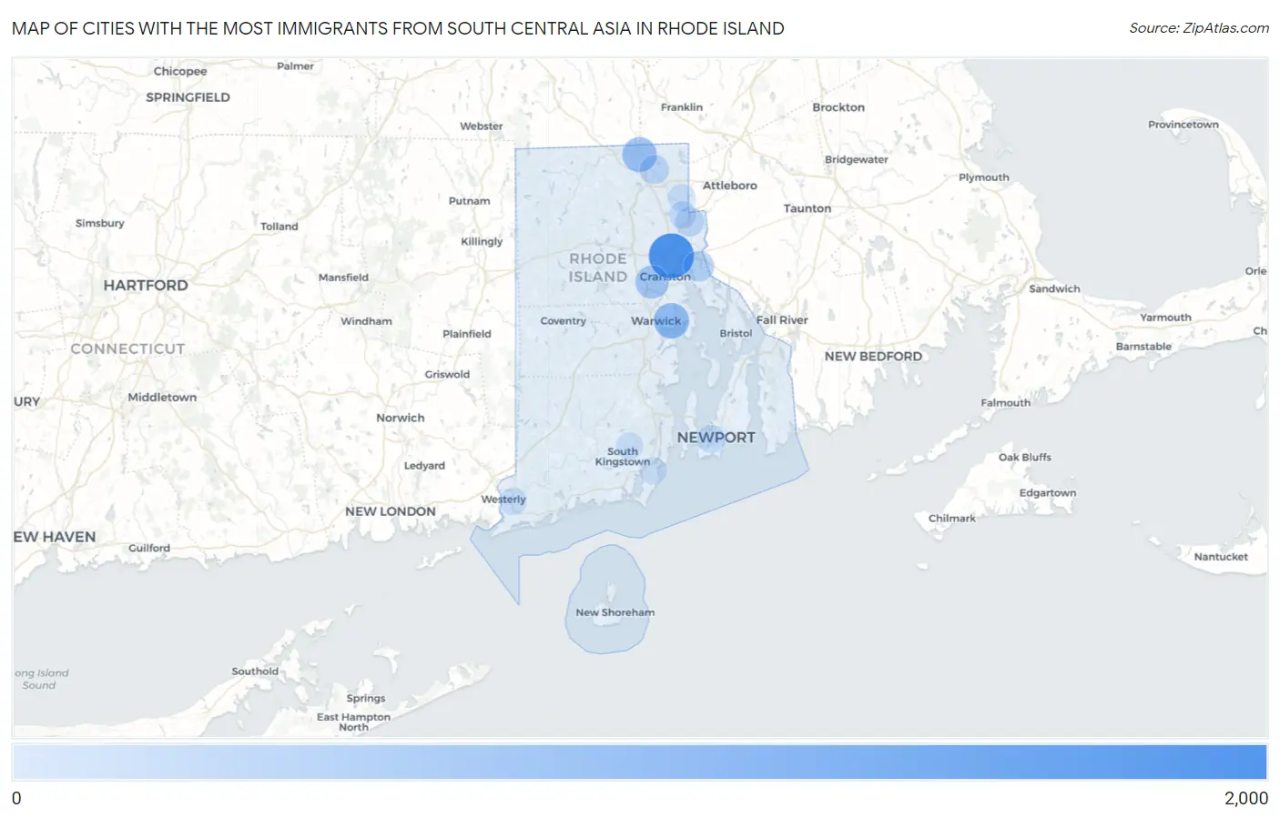 Cities with the Most Immigrants from South Central Asia in Rhode Island Map