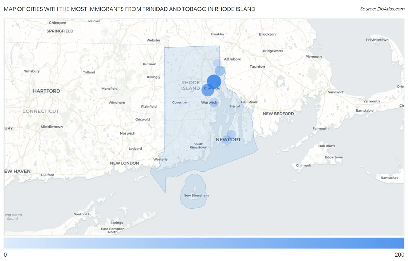 Cities with the Most Immigrants from Trinidad and Tobago in Rhode Island Map