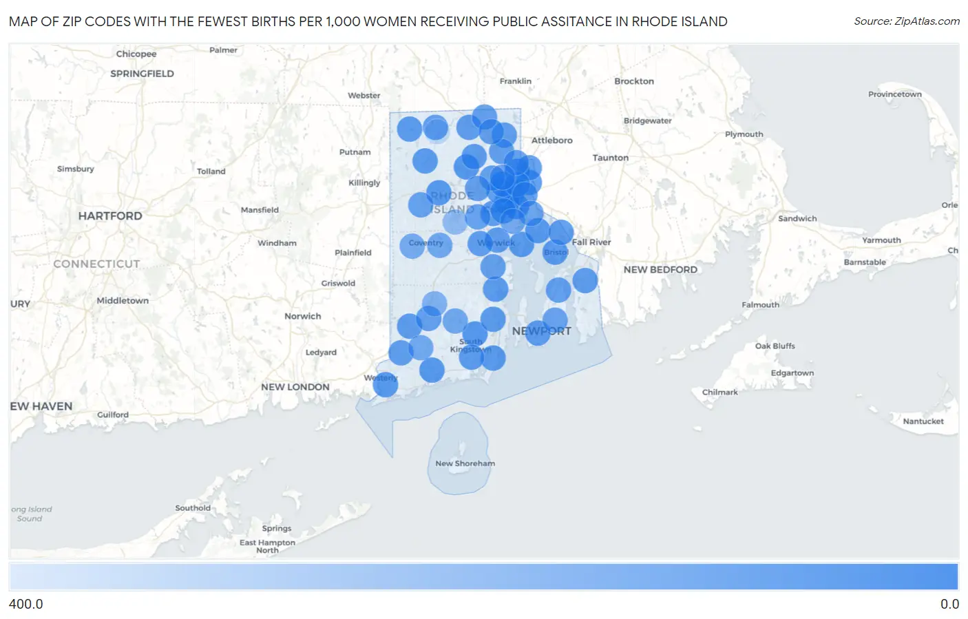 Zip Codes with the Fewest Births per 1,000 Women Receiving Public Assitance in Rhode Island Map