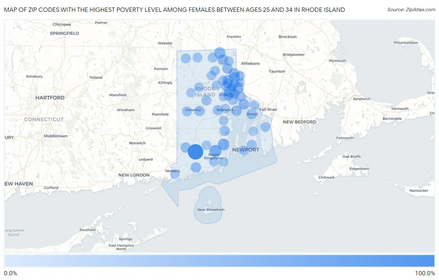 Zip Codes with the Highest Poverty Level Among Females Between Ages 25 and 34 in Rhode Island Map