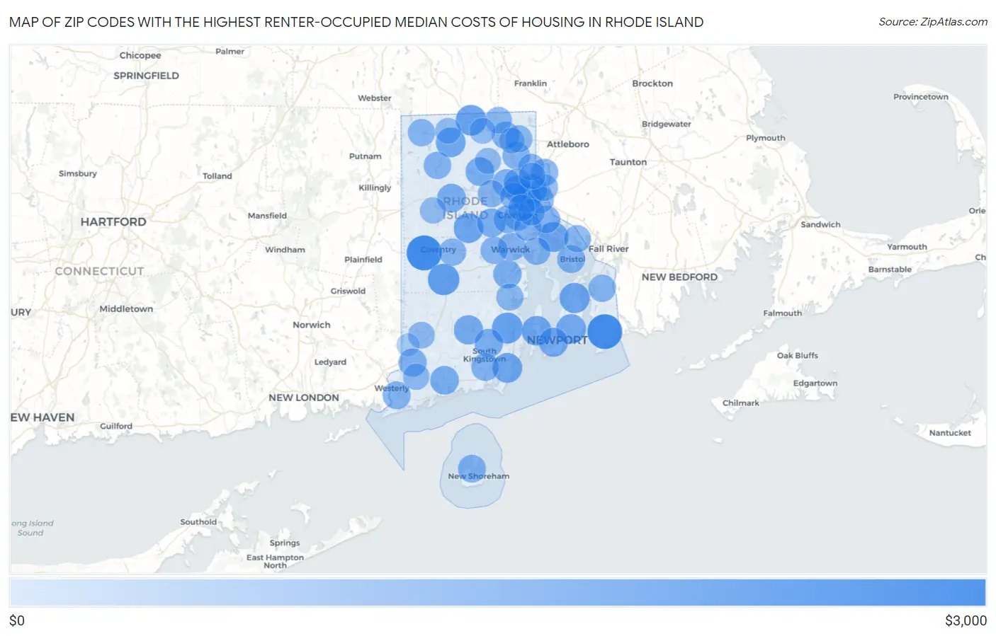 Zip Codes with the Highest Renter-Occupied Median Costs of Housing in Rhode Island Map