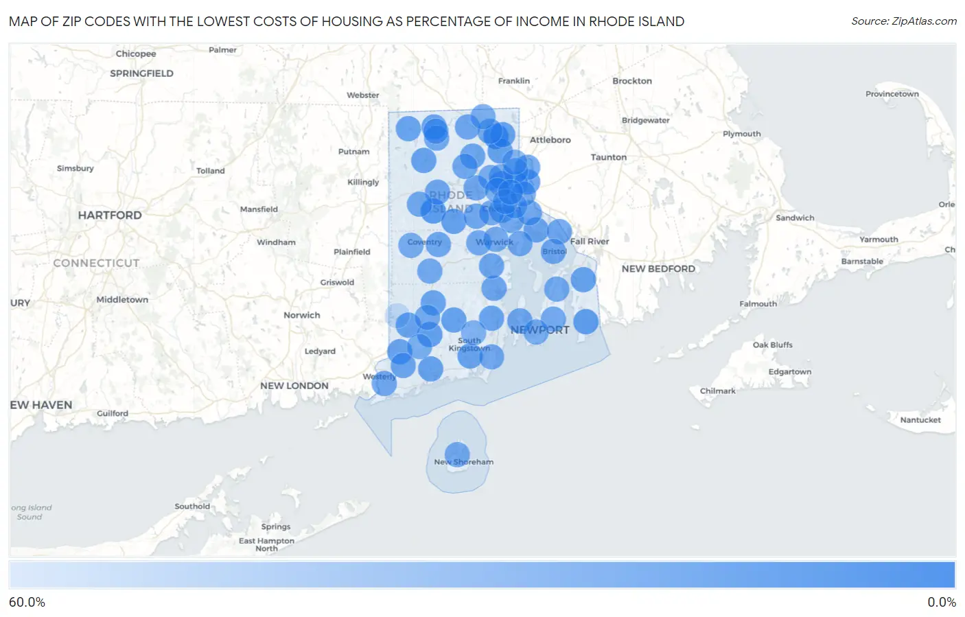 Zip Codes with the Lowest Costs of Housing as Percentage of Income in Rhode Island Map