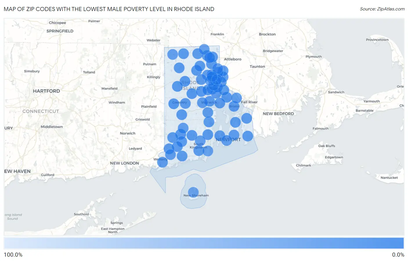 Zip Codes with the Lowest Male Poverty Level in Rhode Island Map