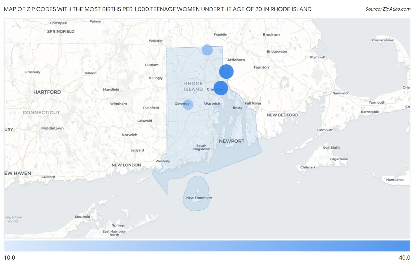 Zip Codes with the Most Births per 1,000 Teenage Women Under the Age of 20 in Rhode Island Map