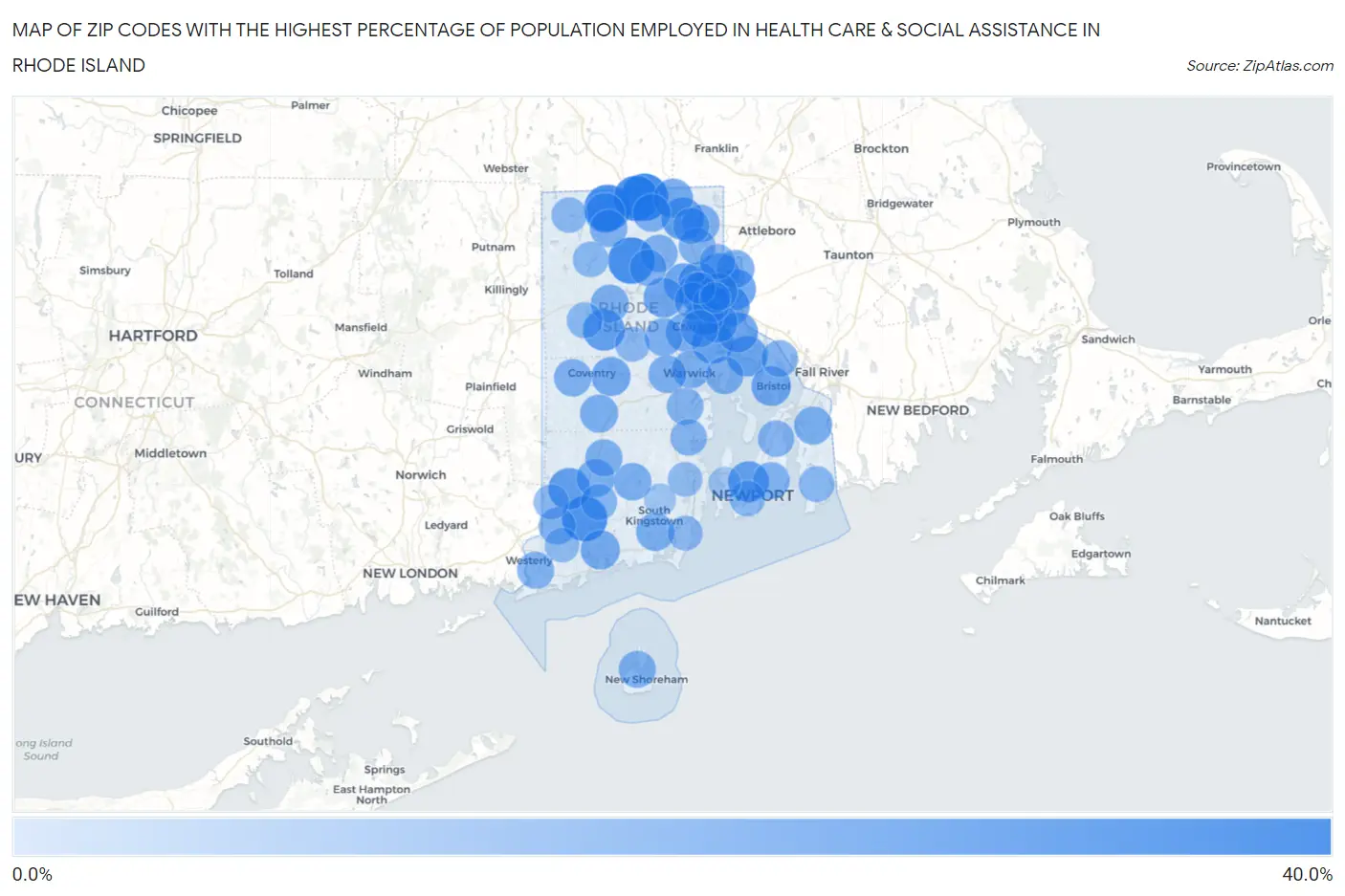 Zip Codes with the Highest Percentage of Population Employed in Health Care & Social Assistance in Rhode Island Map