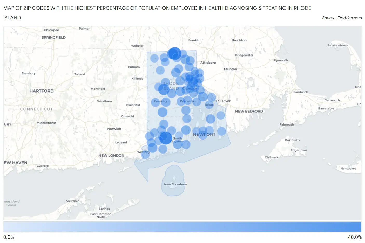 Zip Codes with the Highest Percentage of Population Employed in Health Diagnosing & Treating in Rhode Island Map