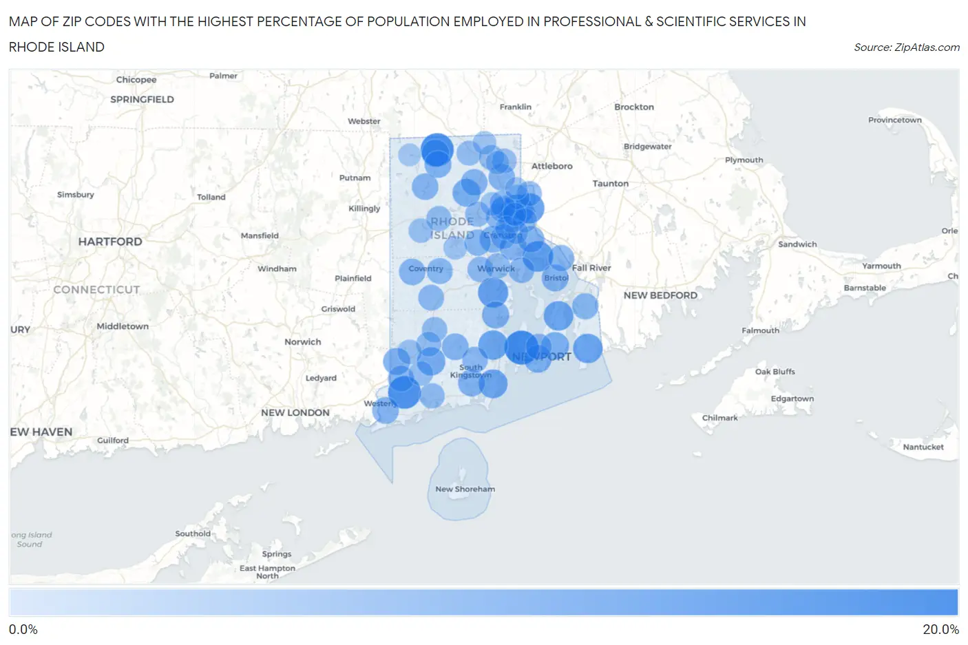 Zip Codes with the Highest Percentage of Population Employed in Professional & Scientific Services in Rhode Island Map