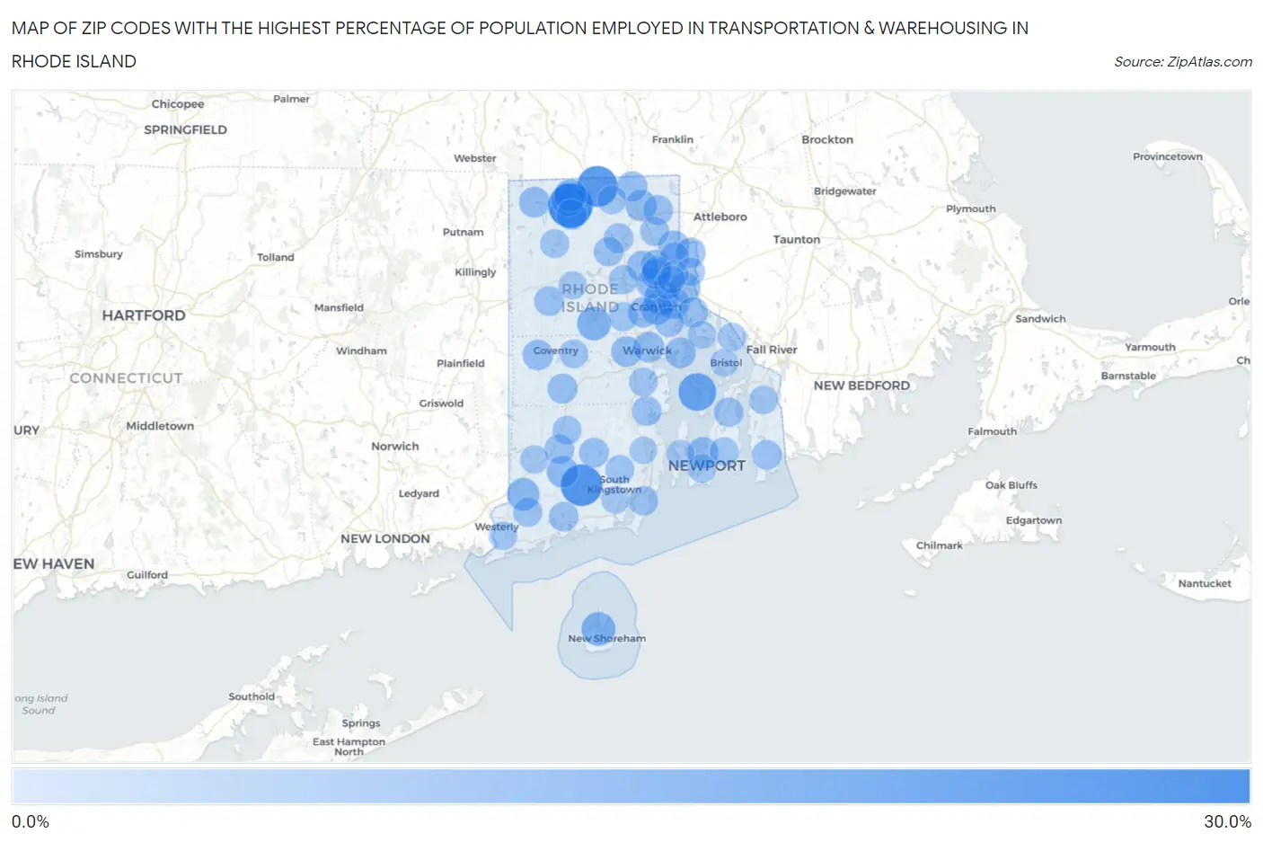 Zip Codes with the Highest Percentage of Population Employed in Transportation & Warehousing in Rhode Island Map