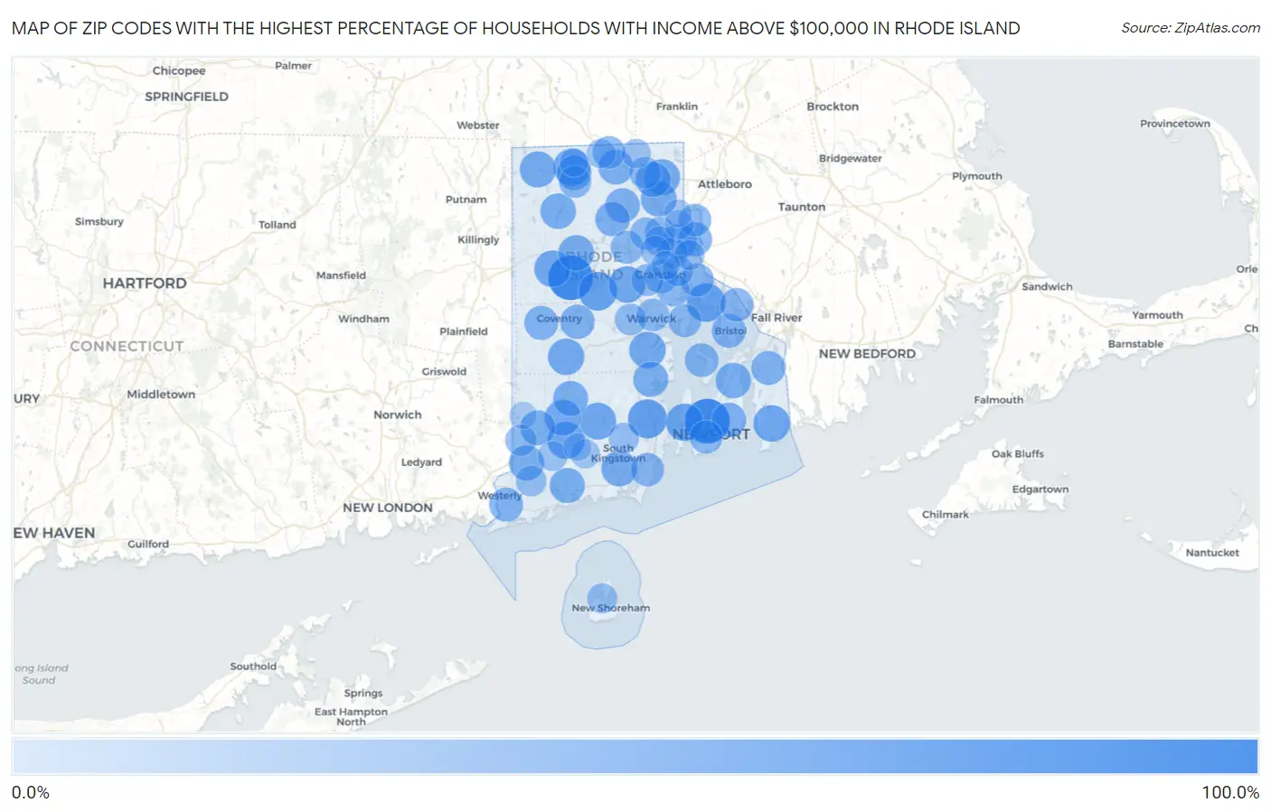 Zip Codes with the Highest Percentage of Households with Income Above $100,000 in Rhode Island Map