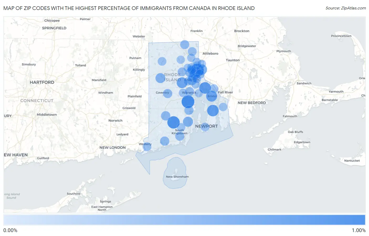Zip Codes with the Highest Percentage of Immigrants from Canada in Rhode Island Map