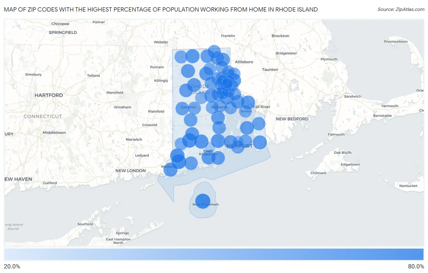 Zip Codes with the Highest Percentage of Population Working from Home in Rhode Island Map