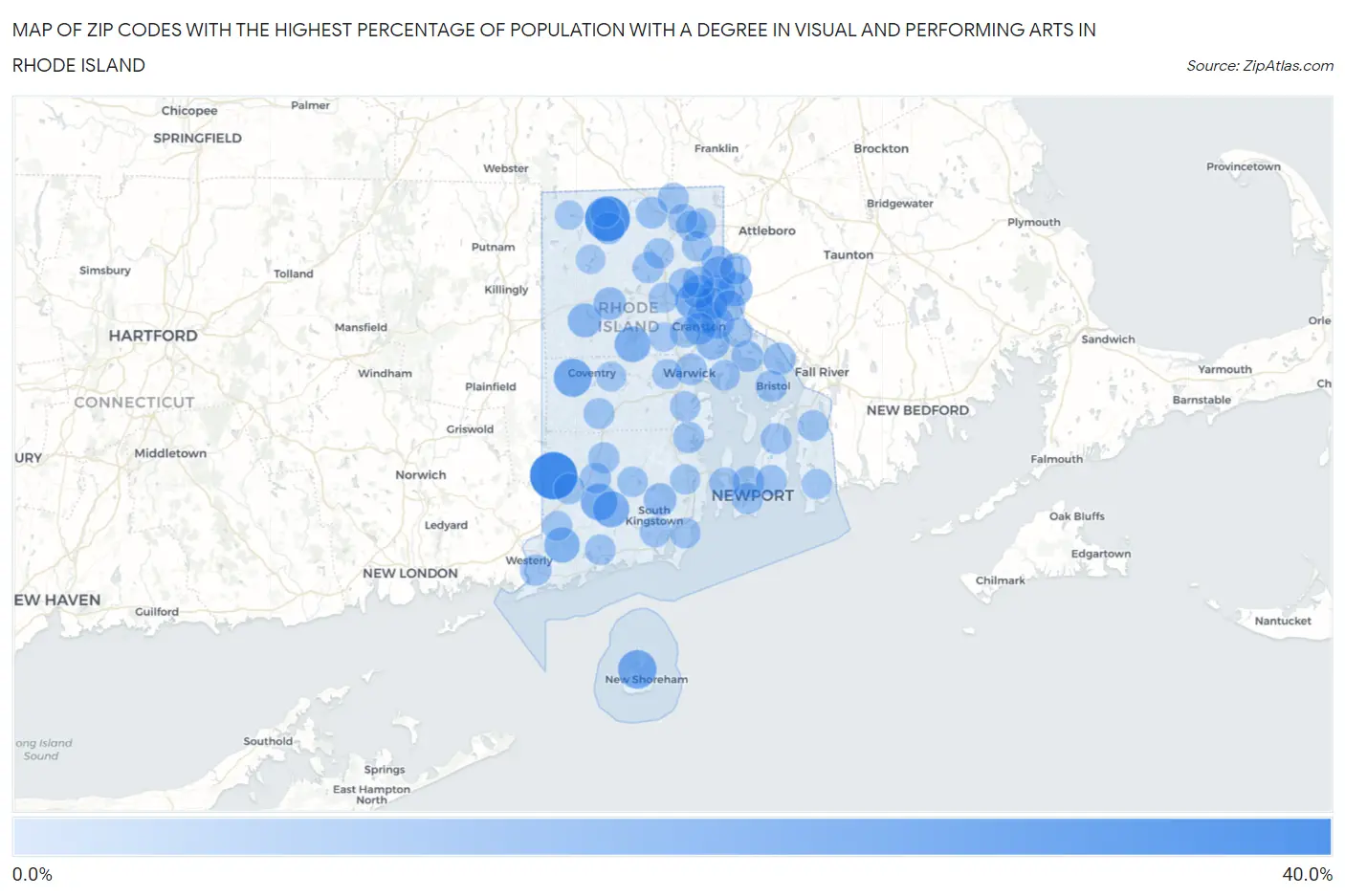 Zip Codes with the Highest Percentage of Population with a Degree in Visual and Performing Arts in Rhode Island Map