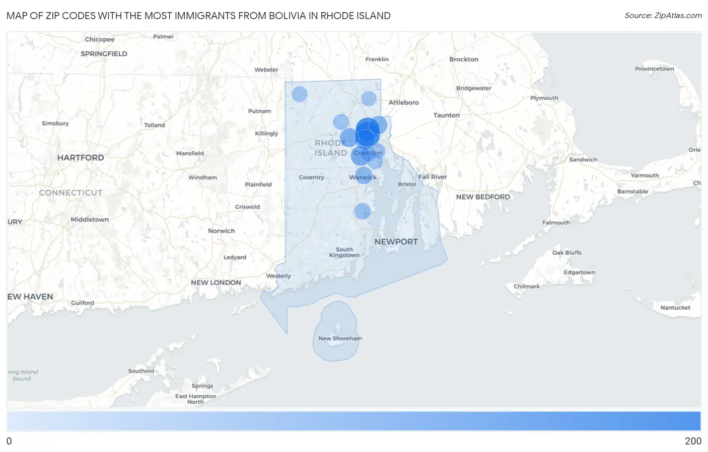 Zip Codes with the Most Immigrants from Bolivia in Rhode Island Map
