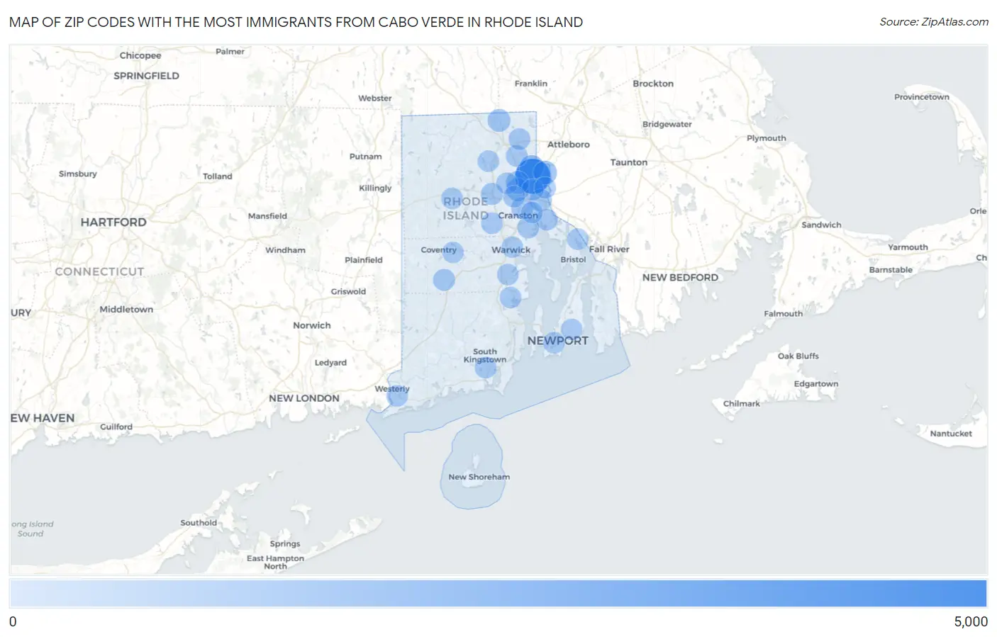 Zip Codes with the Most Immigrants from Cabo Verde in Rhode Island Map
