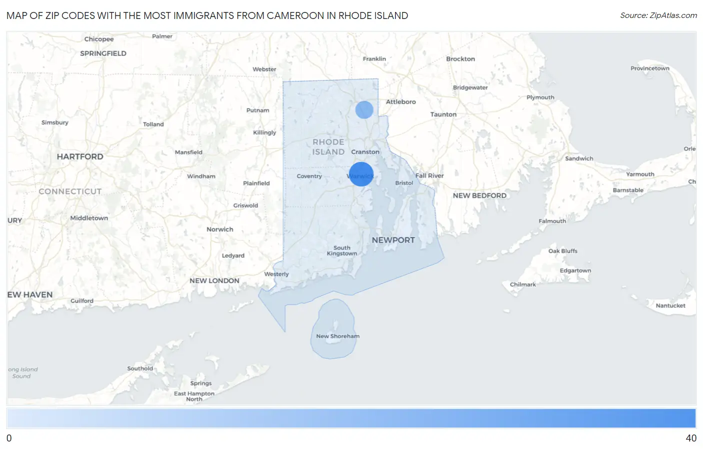 Zip Codes with the Most Immigrants from Cameroon in Rhode Island Map