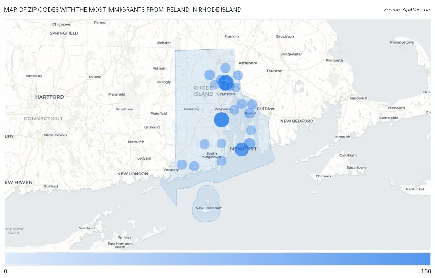 Zip Codes with the Most Immigrants from Ireland in Rhode Island Map