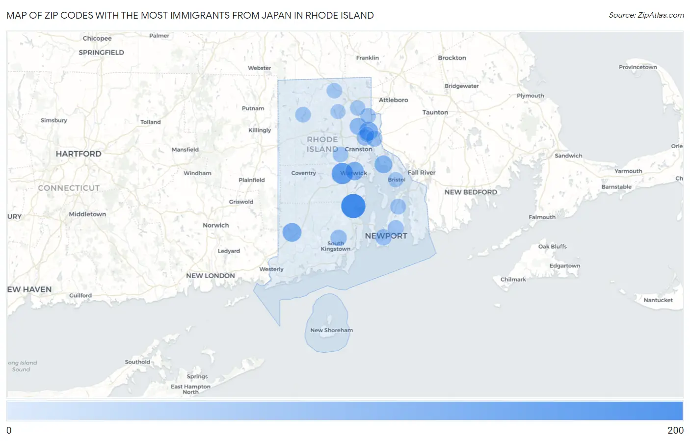 Zip Codes with the Most Immigrants from Japan in Rhode Island Map