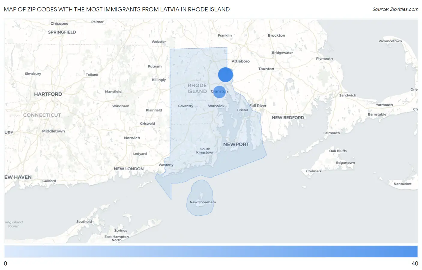 Zip Codes with the Most Immigrants from Latvia in Rhode Island Map