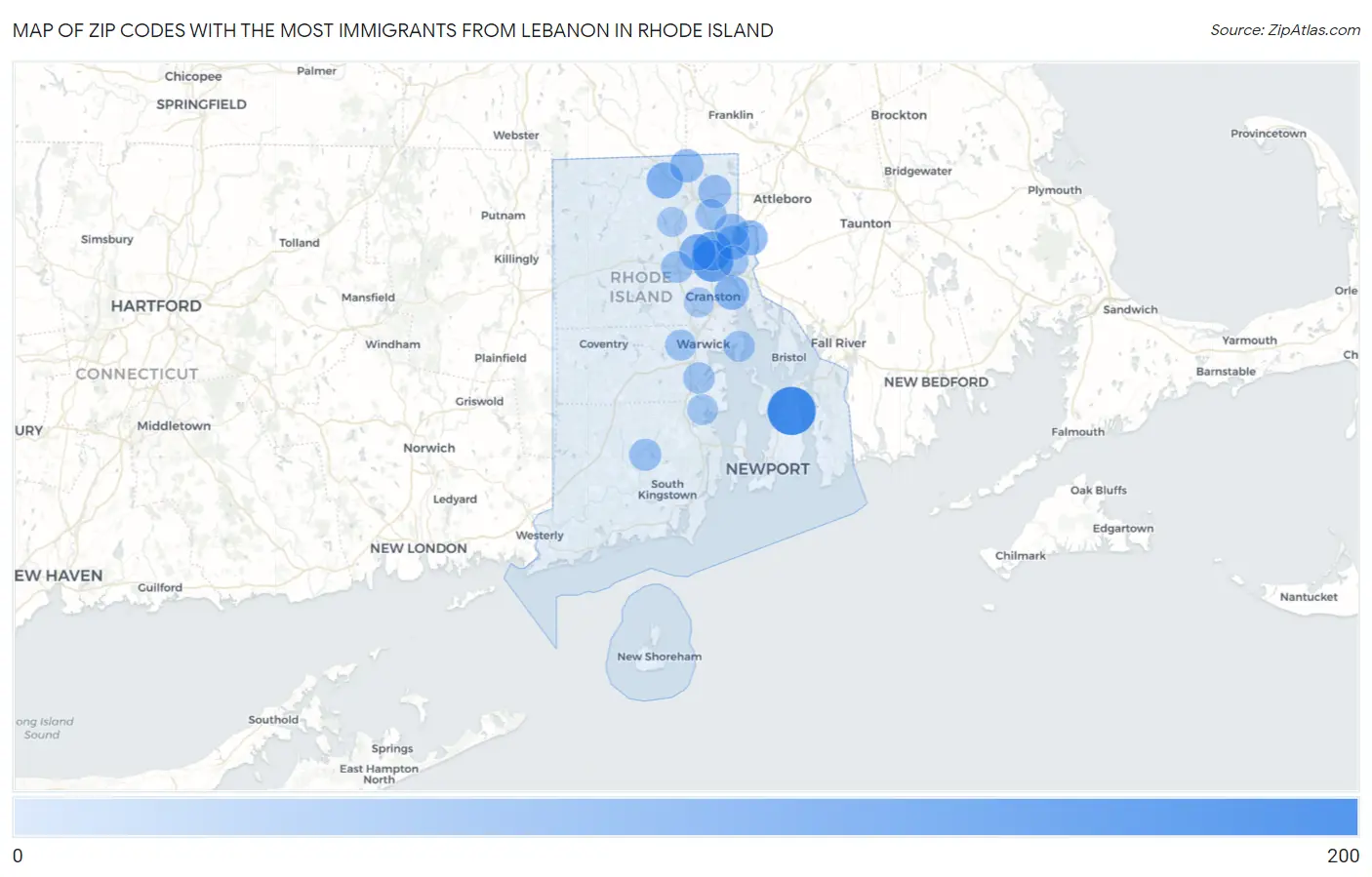 Zip Codes with the Most Immigrants from Lebanon in Rhode Island Map