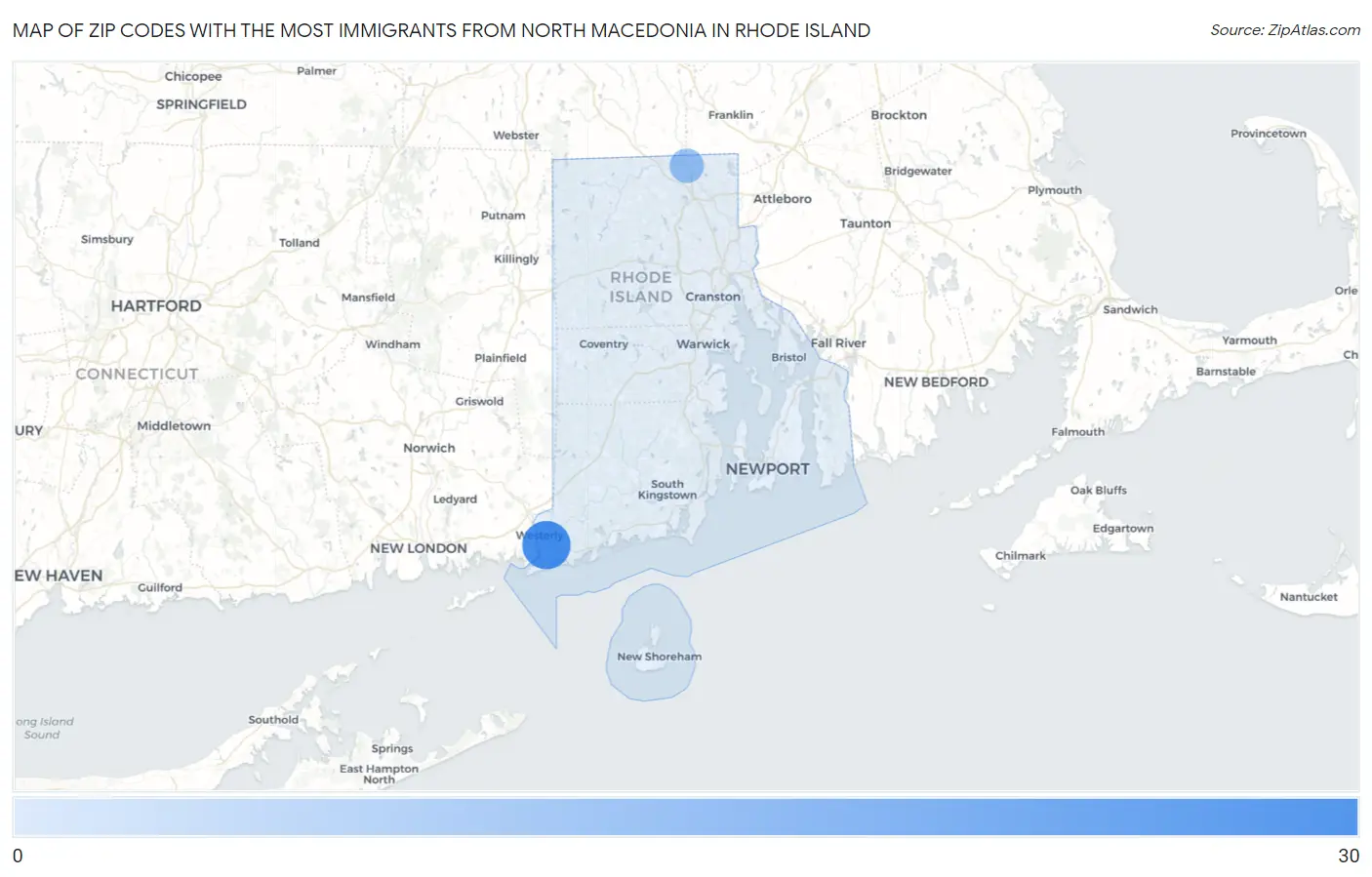 Zip Codes with the Most Immigrants from North Macedonia in Rhode Island Map