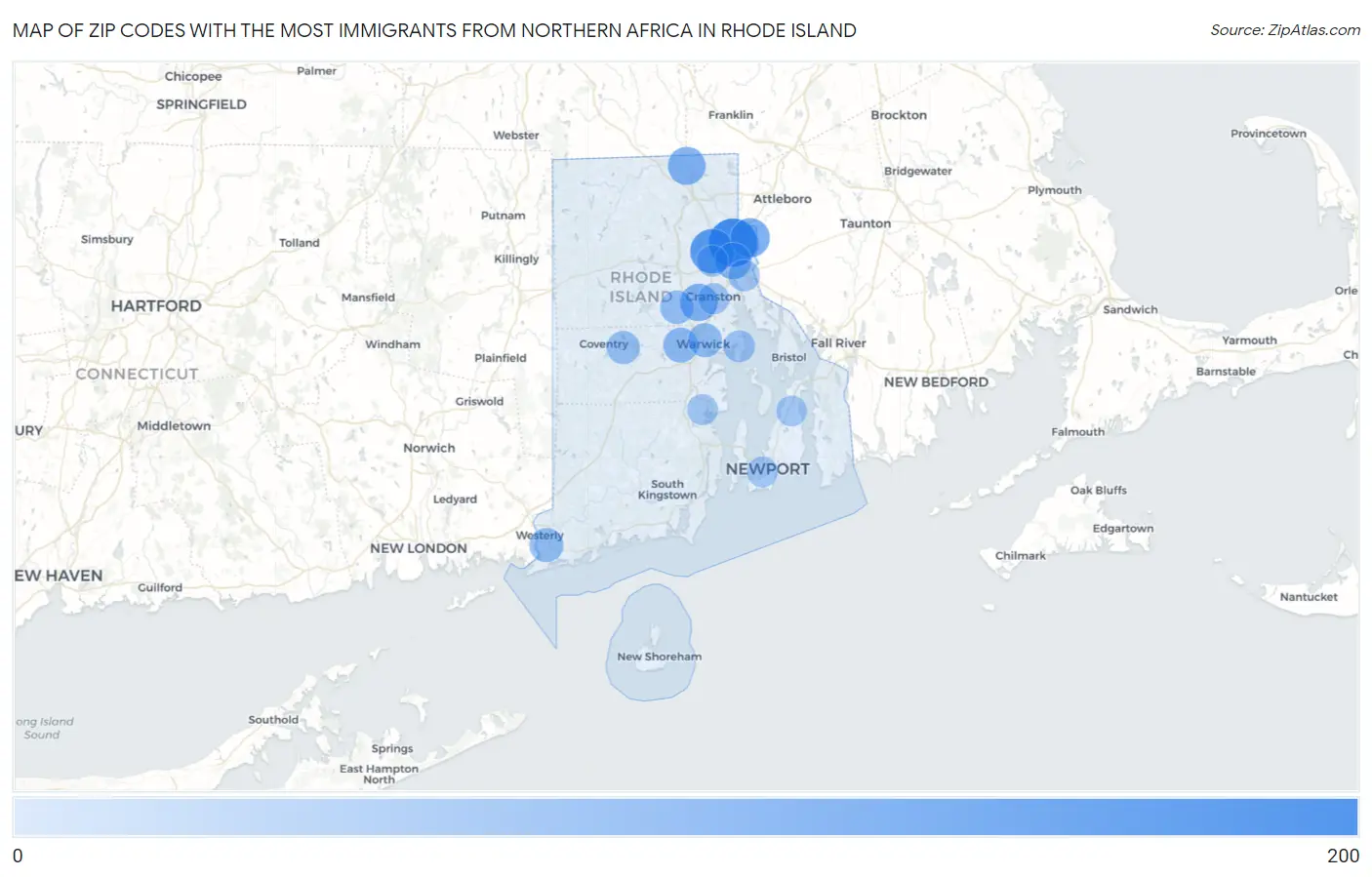 Zip Codes with the Most Immigrants from Northern Africa in Rhode Island Map