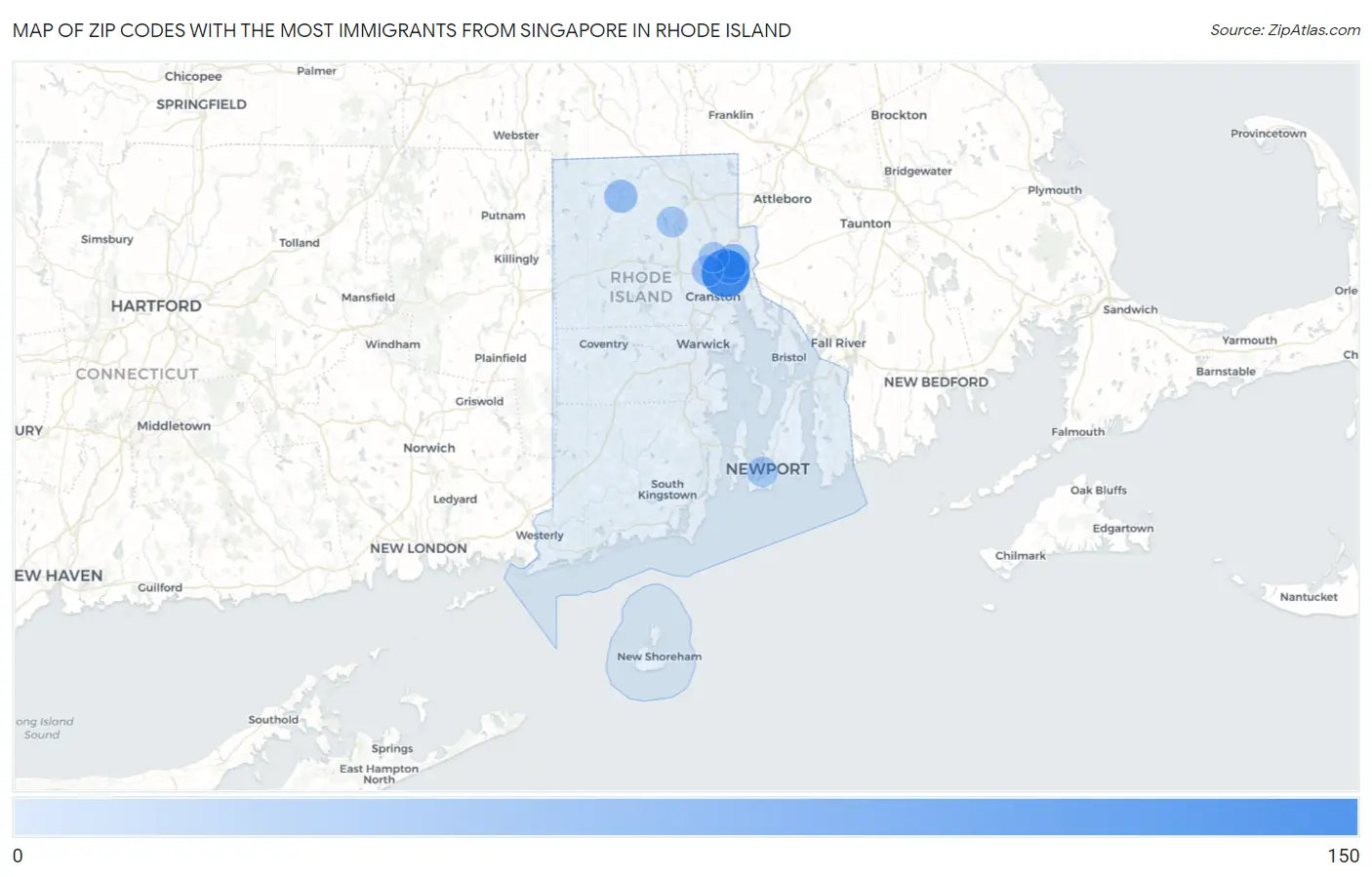 Zip Codes with the Most Immigrants from Singapore in Rhode Island Map
