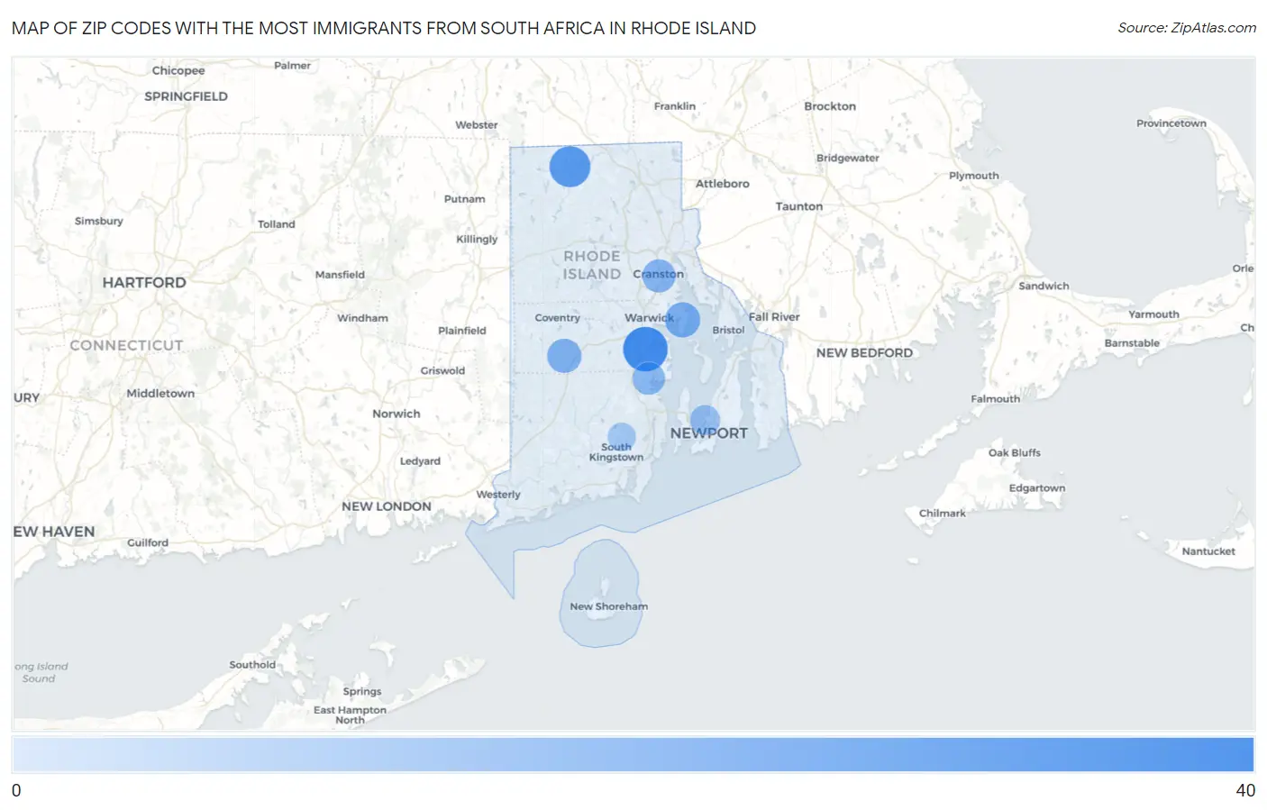 Zip Codes with the Most Immigrants from South Africa in Rhode Island Map