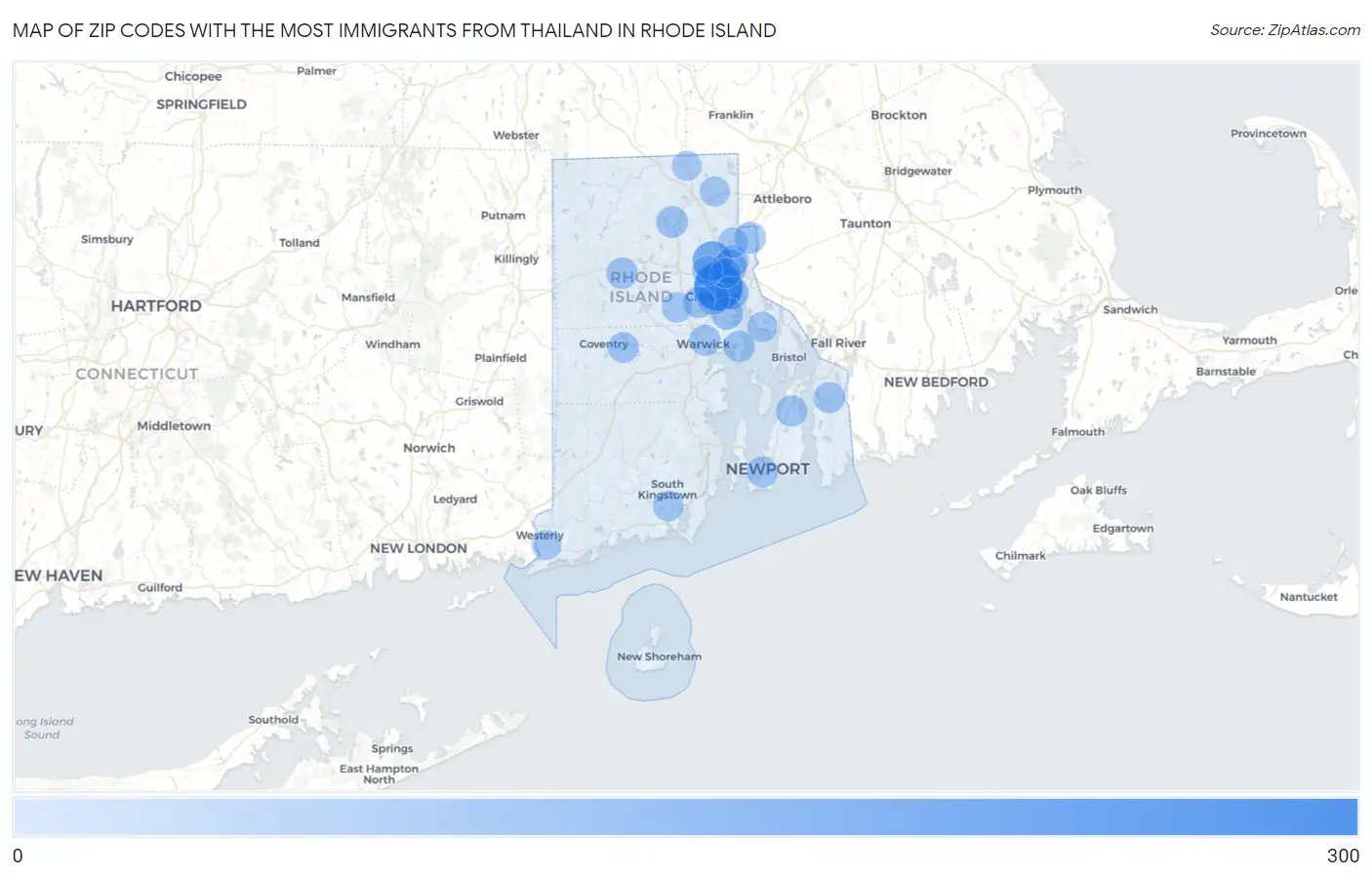 Zip Codes with the Most Immigrants from Thailand in Rhode Island Map