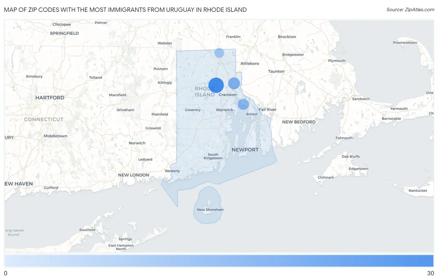 Zip Codes with the Most Immigrants from Uruguay in Rhode Island Map