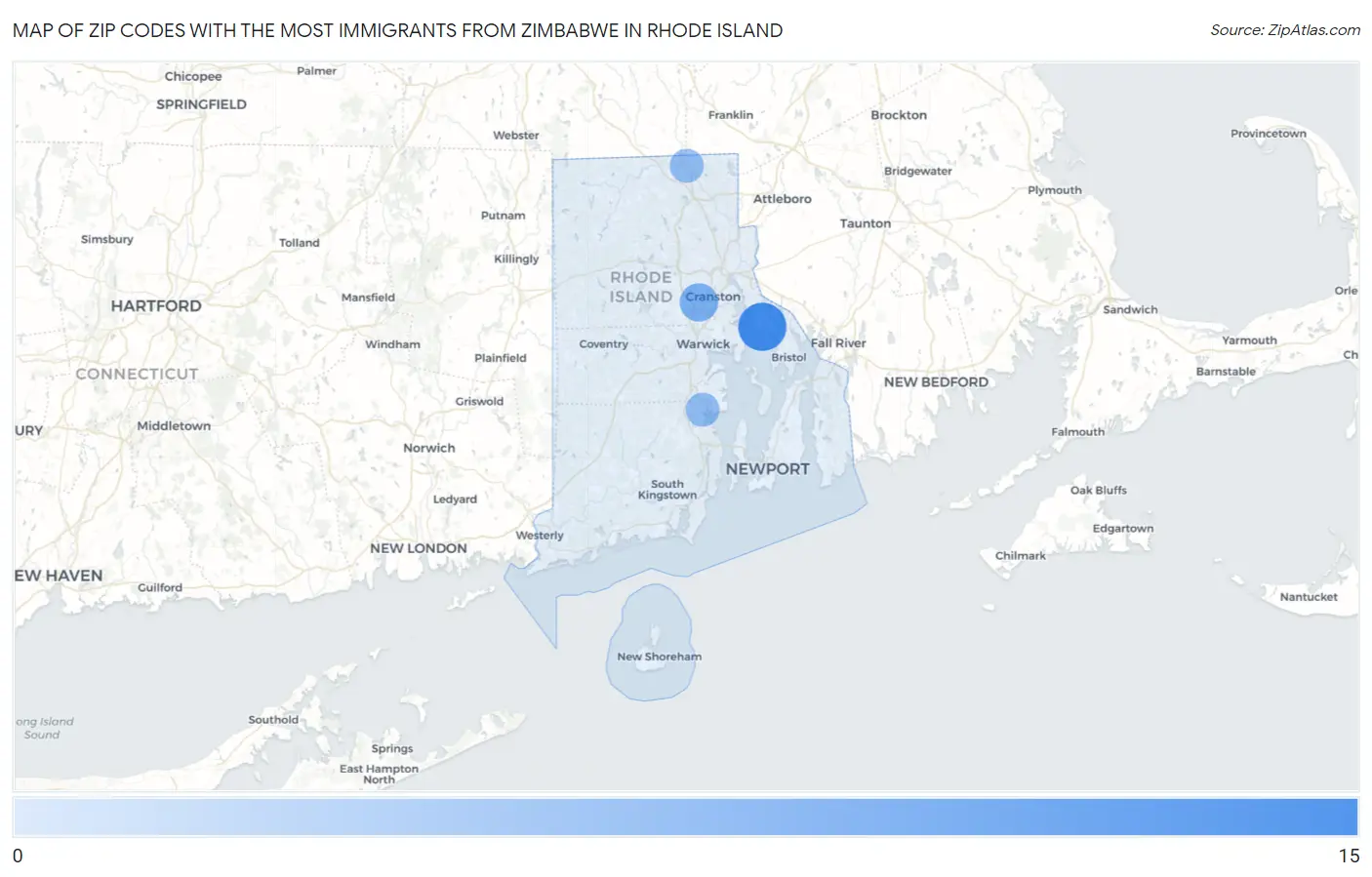 Zip Codes with the Most Immigrants from Zimbabwe in Rhode Island Map