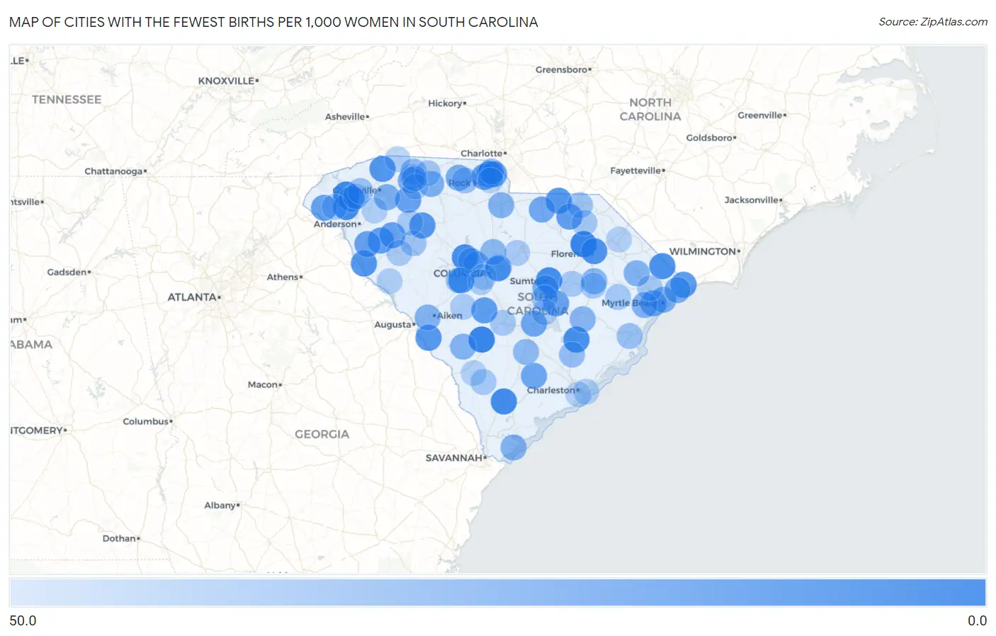 Cities with the Fewest Births per 1,000 Women in South Carolina Map