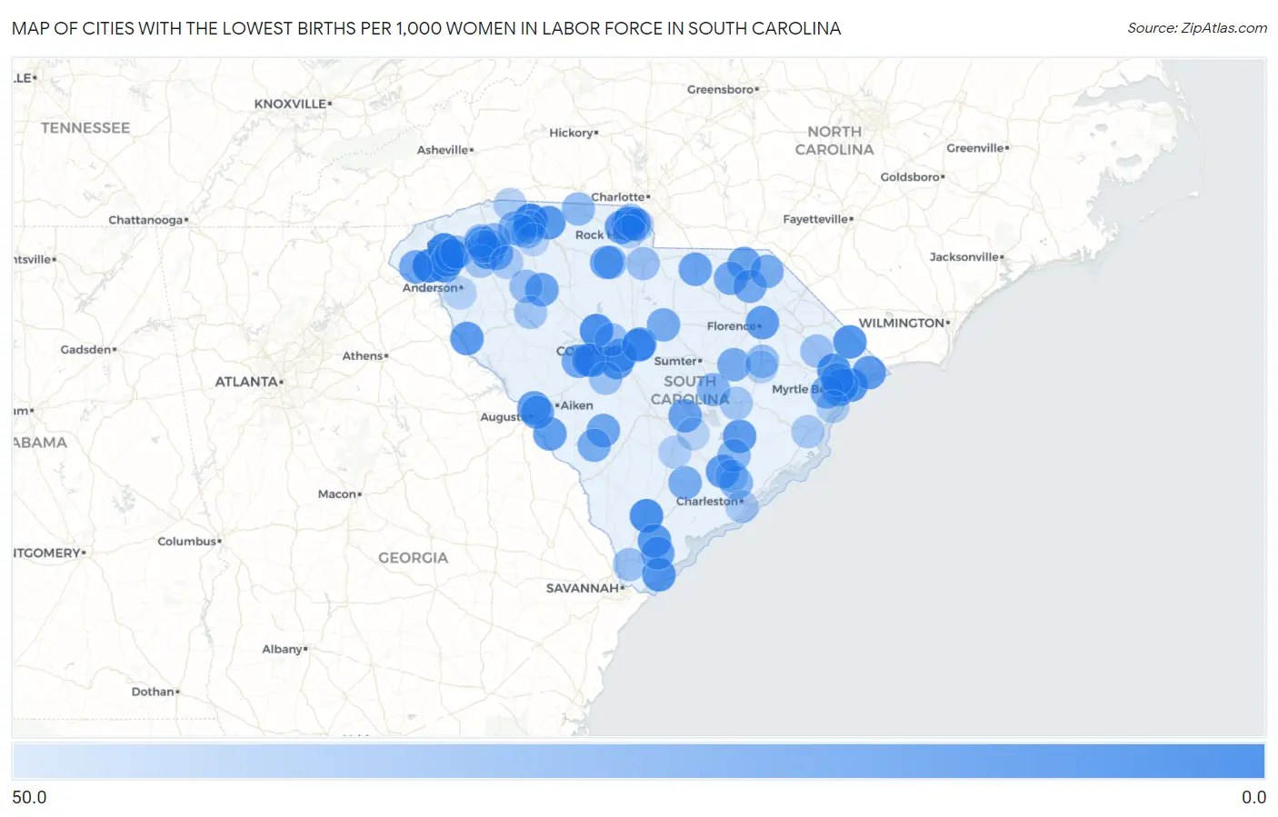 Cities with the Lowest Births per 1,000 Women in Labor Force in South Carolina Map
