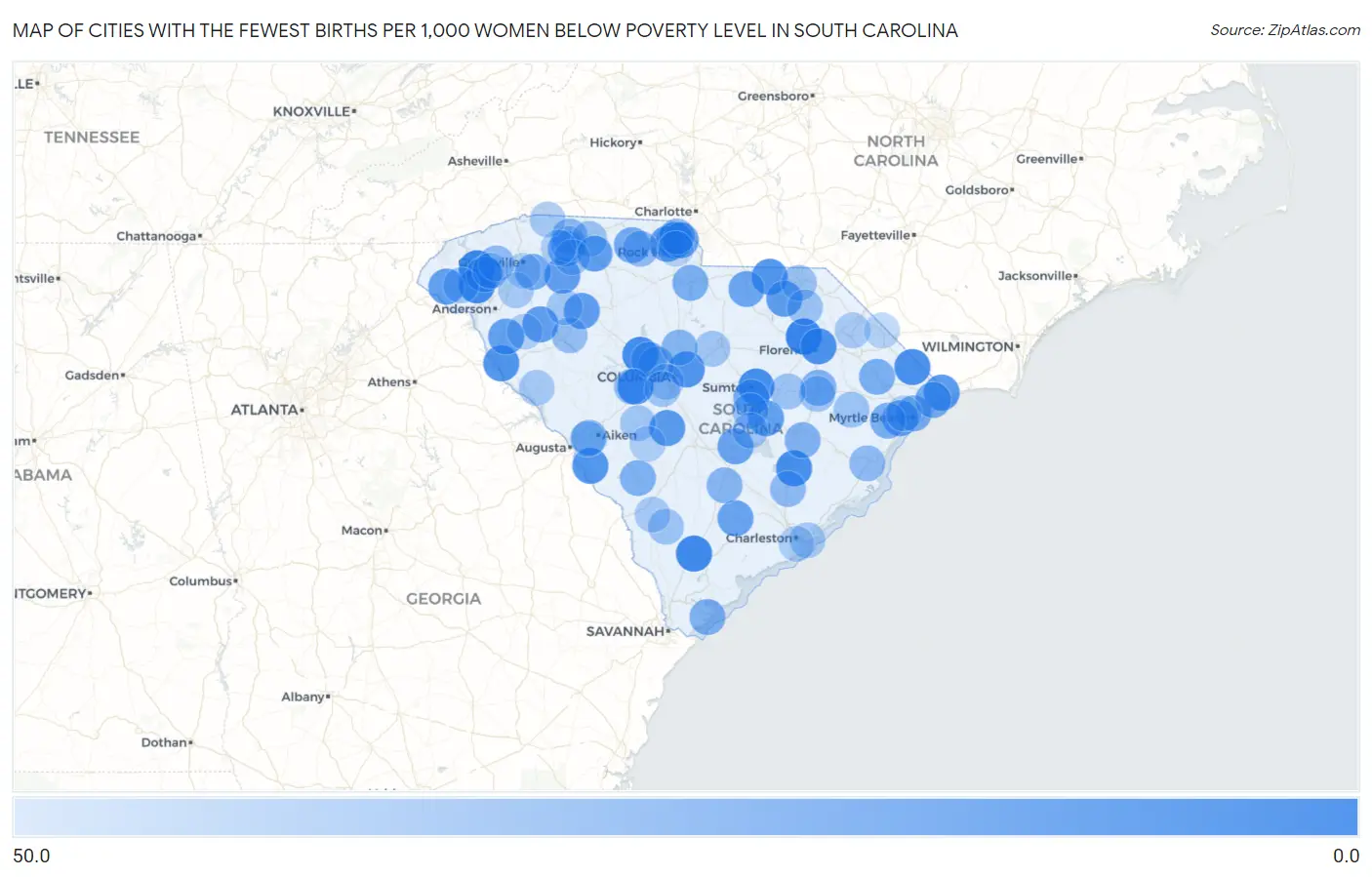 Cities with the Fewest Births per 1,000 Women Below Poverty Level in South Carolina Map
