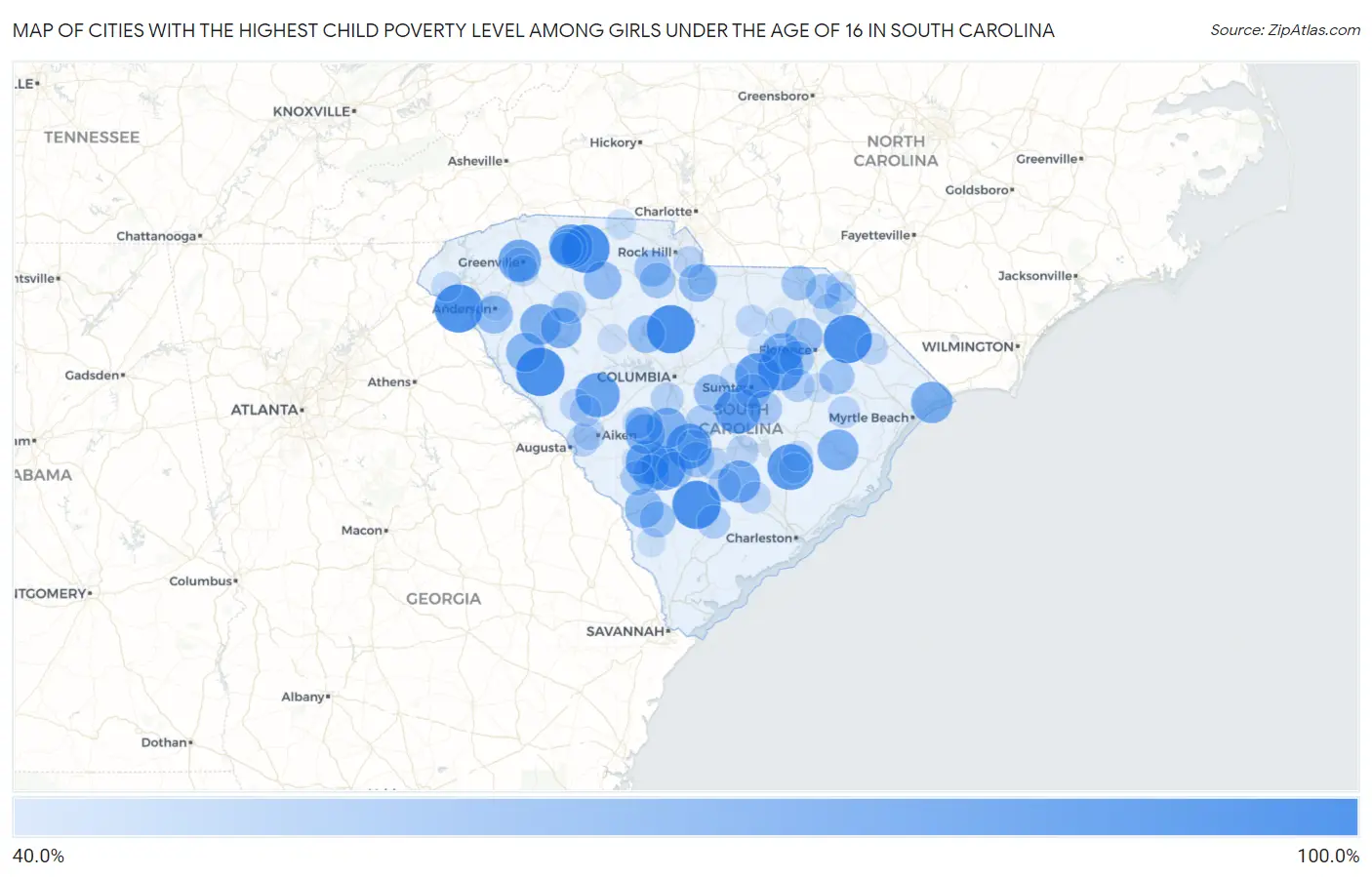 Cities with the Highest Child Poverty Level Among Girls Under the Age of 16 in South Carolina Map