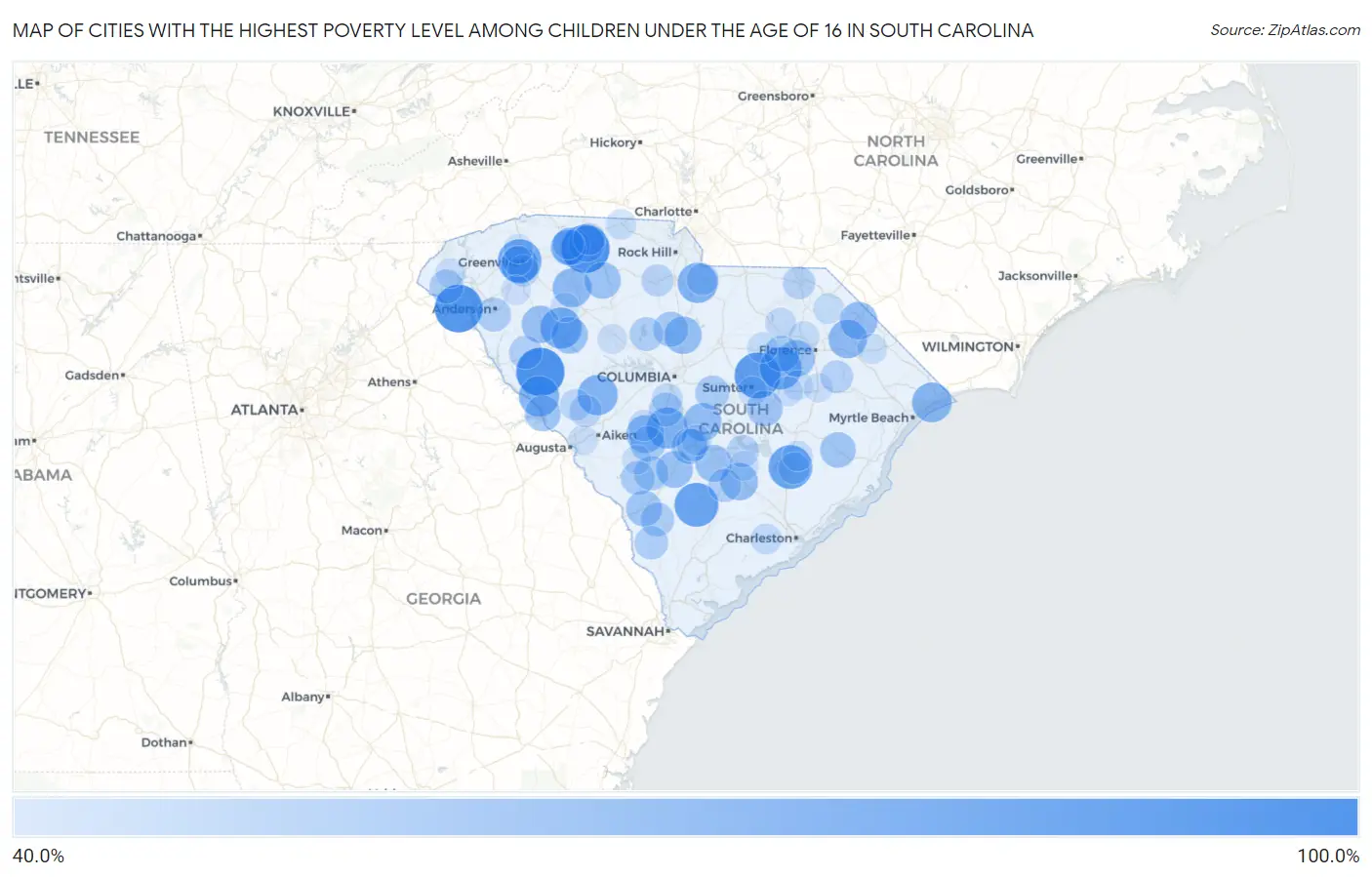 Cities with the Highest Poverty Level Among Children Under the Age of 16 in South Carolina Map