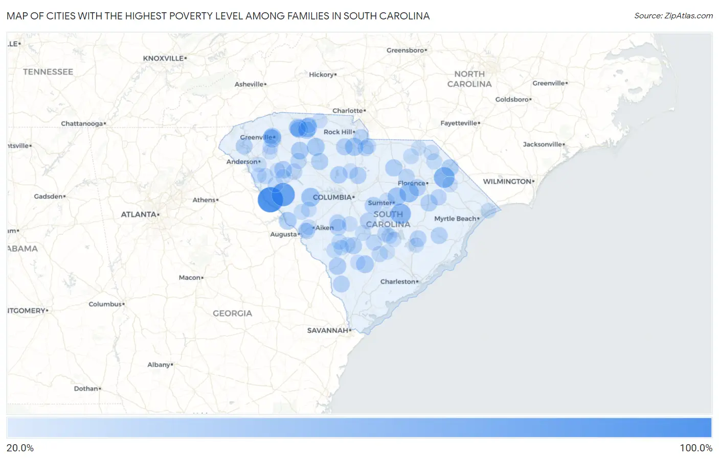 Cities with the Highest Poverty Level Among Families in South Carolina Map