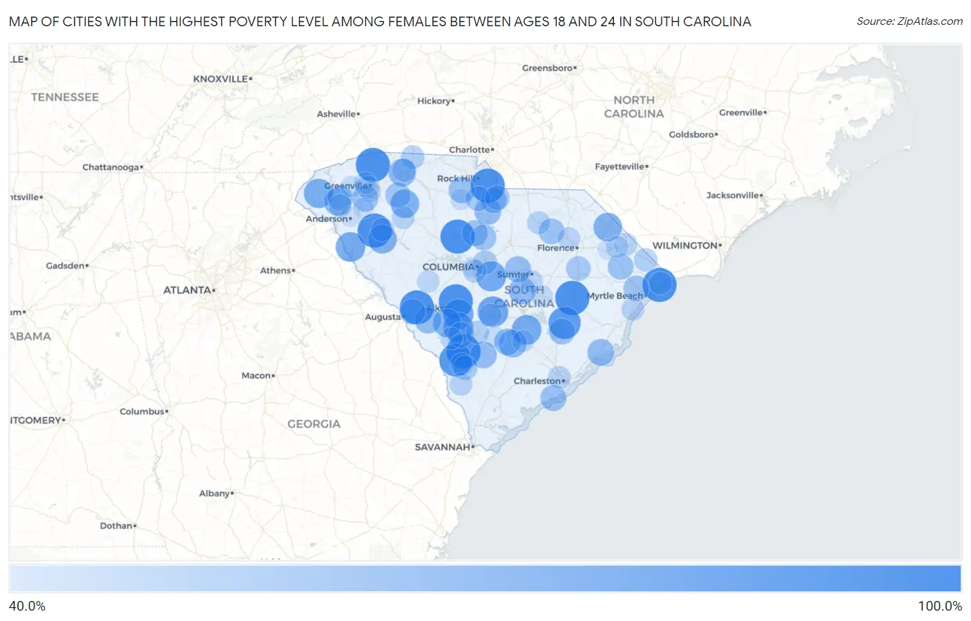 Cities with the Highest Poverty Level Among Females Between Ages 18 and 24 in South Carolina Map